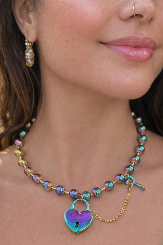 Iridescent Heart Padlock Necklace