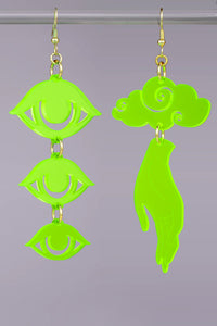 Large Hand Cloud Eyes Earrings - Neon Green