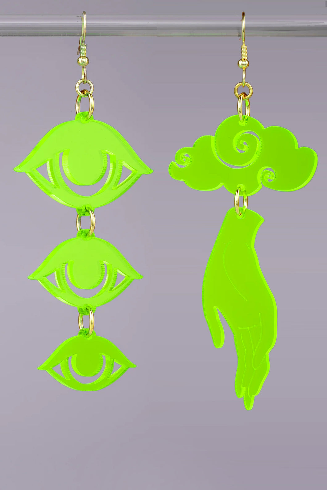 Large Hand Cloud Eyes Earrings - Neon Green