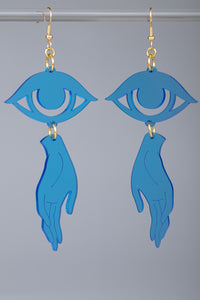 Large Hand Eye Earrings - Blue